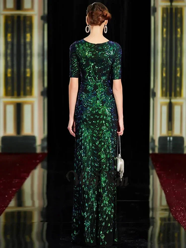 Sparkle Sexy Mermaid Evening Dresses Long Sequined O-Neck Green Evening Gowns For Party Vestidos Largos Fiesta - Image 2