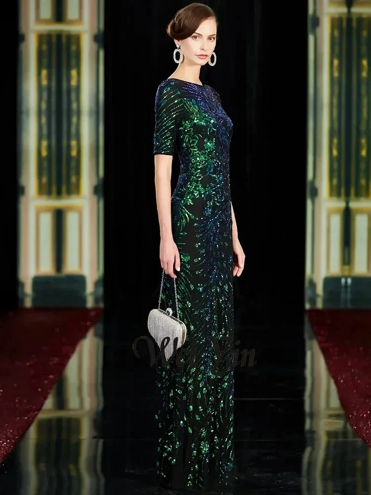 Sparkle Sexy Mermaid Evening Dresses Long Sequined O-Neck Green Evening Gowns For Party Vestidos Largos Fiesta - Image 3