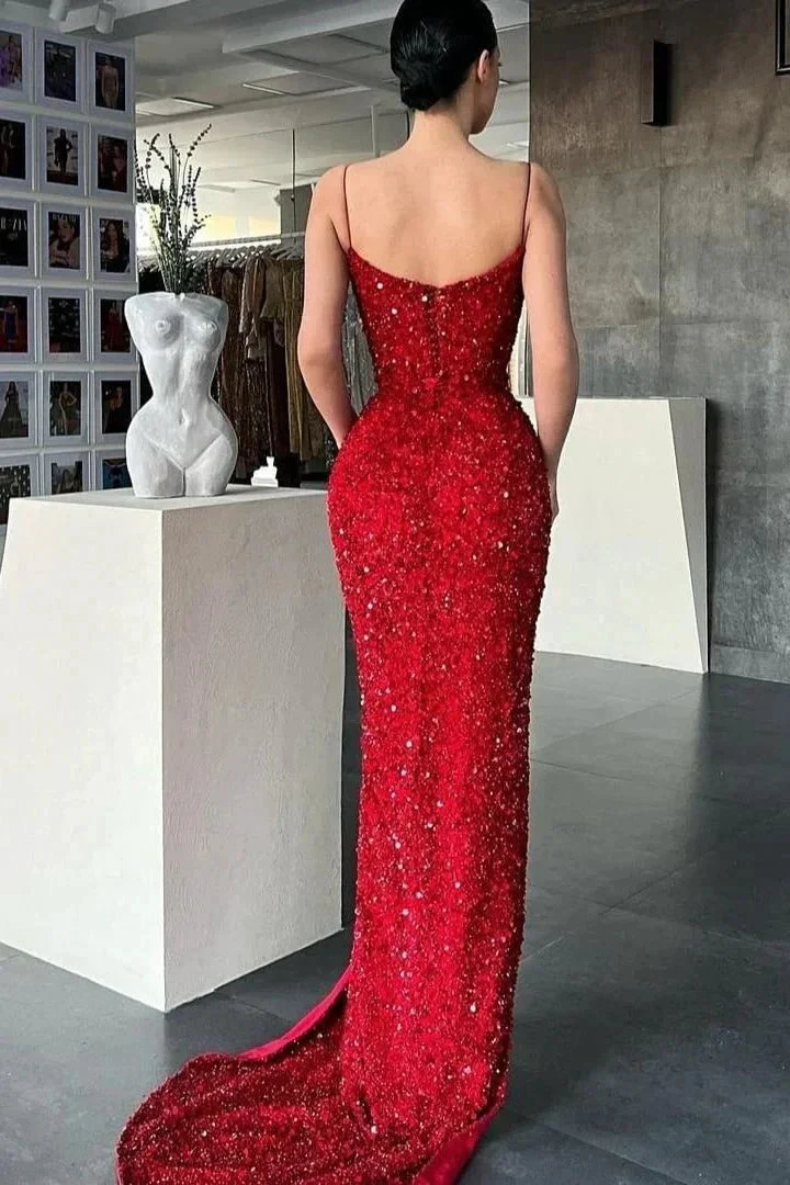 Sparkle Sexy Sleeveless Red Crystal Mermaid Split Prom Dresses - Image 2