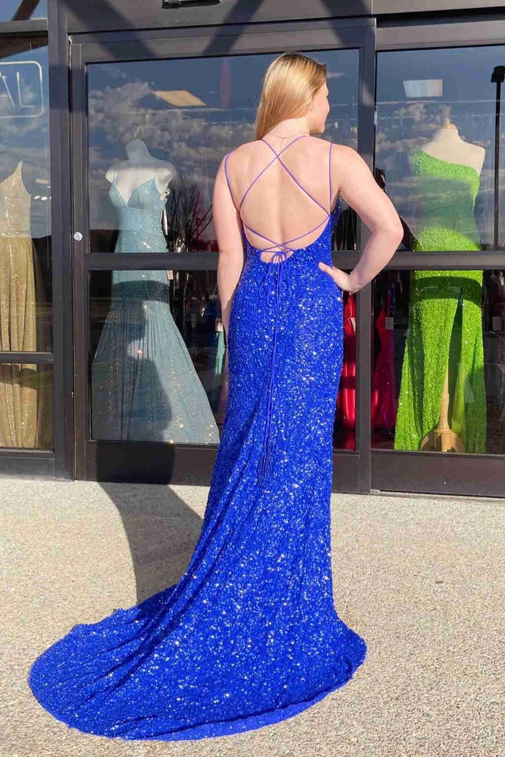 Sparkle Tiffany Blue Sequins Long Prom Dress With Slit SYP99 - Image 2