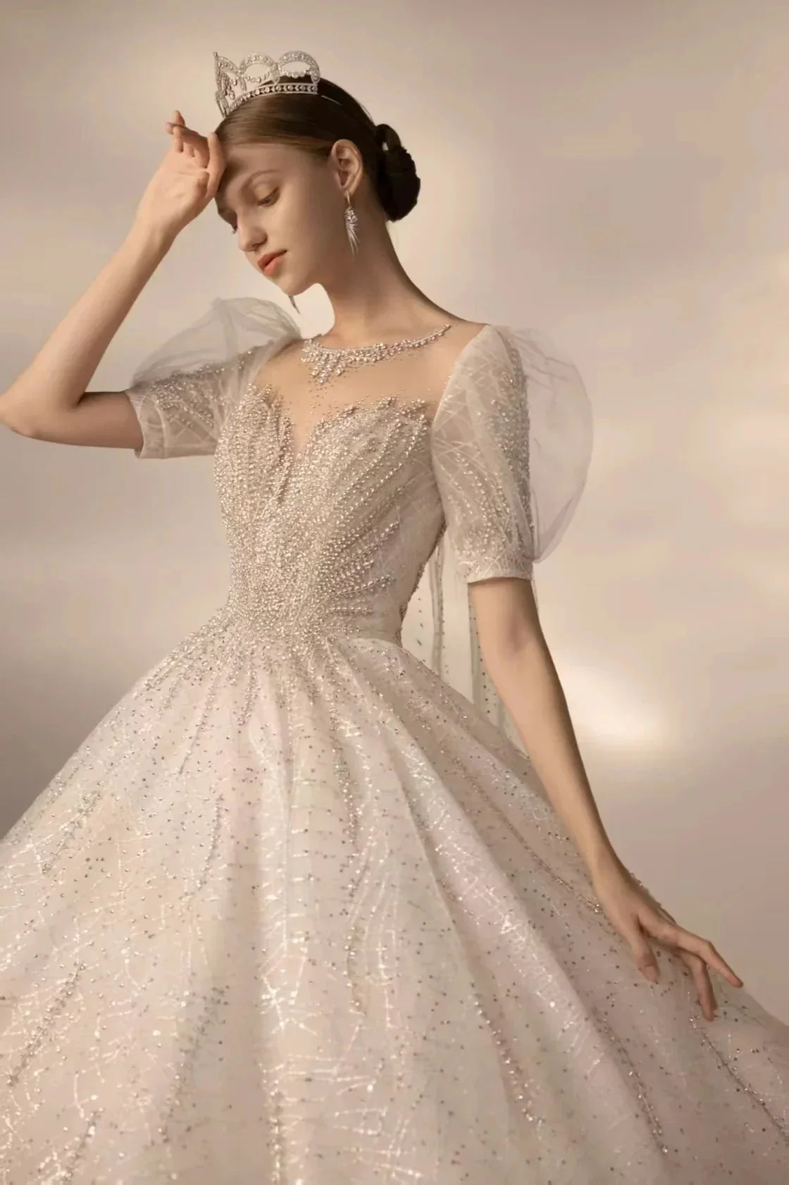 Sparkling Ball Gown Sweetheart Neck Tulle Wedding Dress with Beaded Embroidery & Sheer Puff Sleeves Q6021 - Image 2