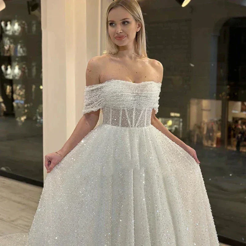 Sparkling Lace Off Shoulder Sweetheart Mopping New Wedding Dresses Bridal Gowns Backless Beautiful Appliques Sweep Train Beach - Image 4