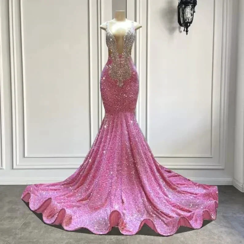 Sparkling pink prom dresses, Sexy sequins mermaid pink prom pageant evening dress Y477 - Image 2