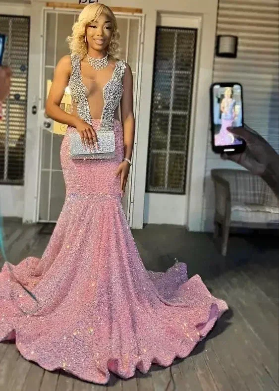 Sparkling pink prom dresses, Sexy sequins mermaid pink prom pageant evening dress Y477 - Image 3