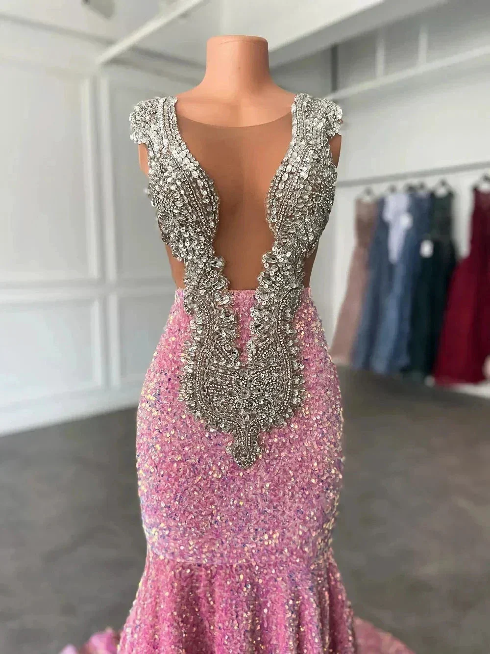 Sparkling pink prom dresses, Sexy sequins mermaid pink prom pageant evening dress Y477 - Image 4