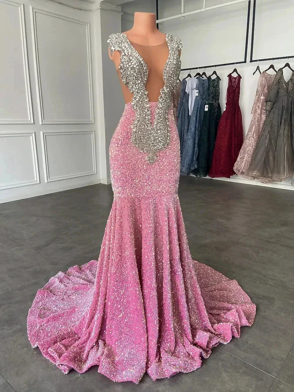 Sparkling pink prom dresses, Sexy sequins mermaid pink prom pageant evening dress Y477 - Image 5
