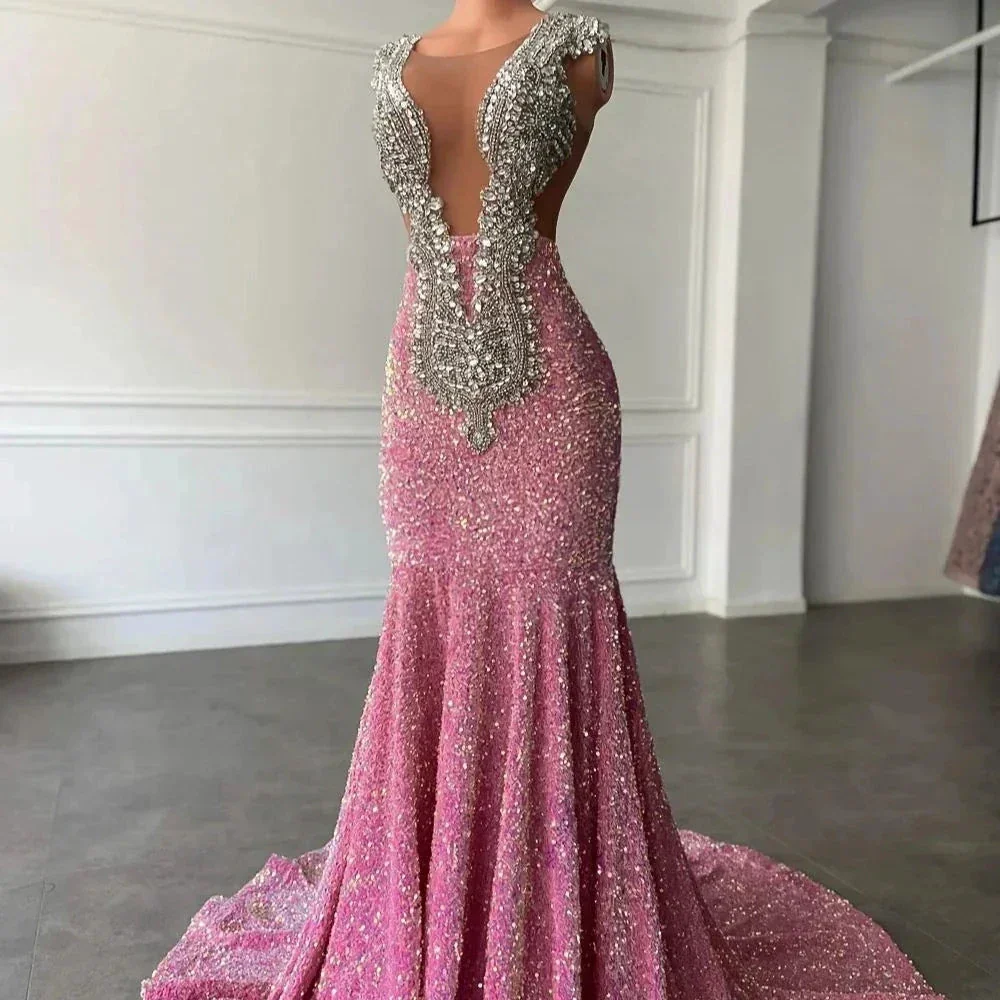 Sparkling pink prom dresses, Sexy sequins mermaid pink prom pageant evening dress Y477 - Image 6