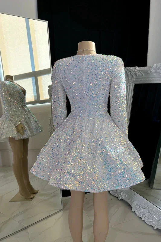 Sparkling V-neck A-line Graduation Dress With Sequins White Short Homecoming Dress Y1951 - Image 2