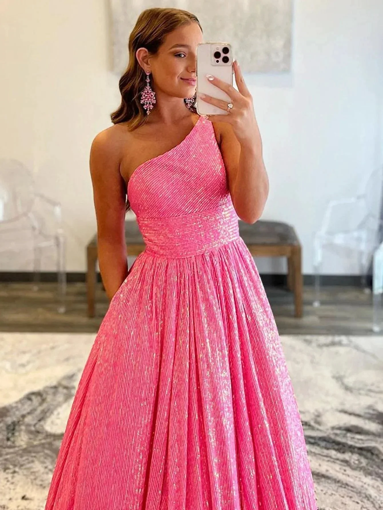 Charlee |A-Line One Shoulder Sequins Prom Dress with Pockets - Image 3