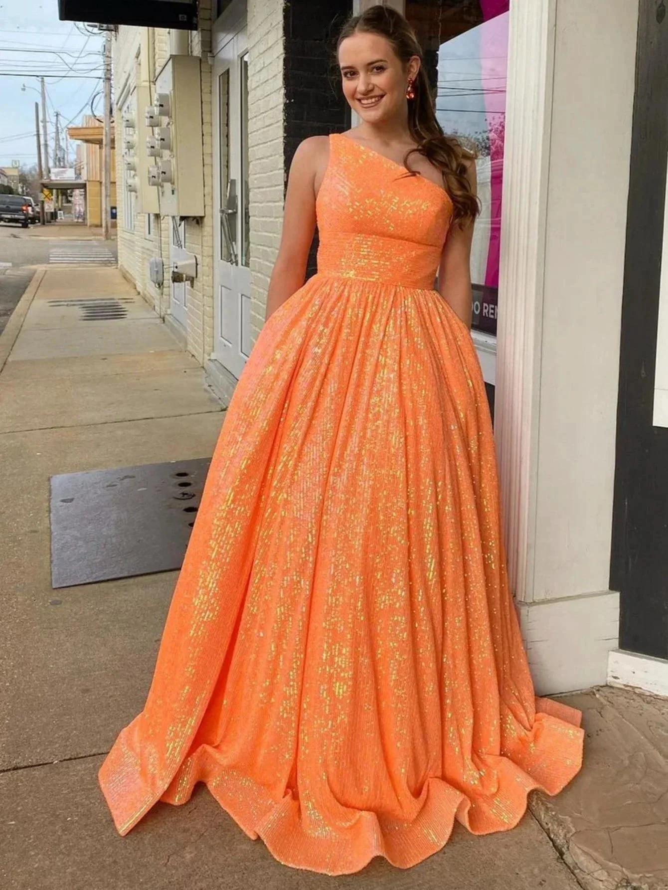 Charlee |A-Line One Shoulder Sequins Prom Dress with Pockets - Image 4