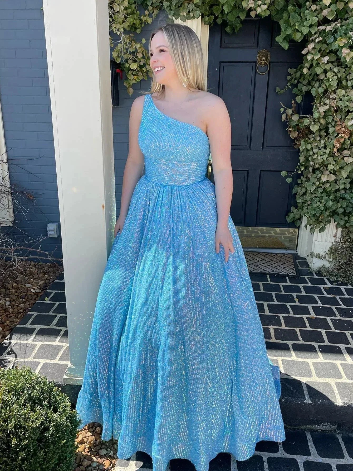 Charlee |A-Line One Shoulder Sequins Prom Dress with Pockets - Image 5