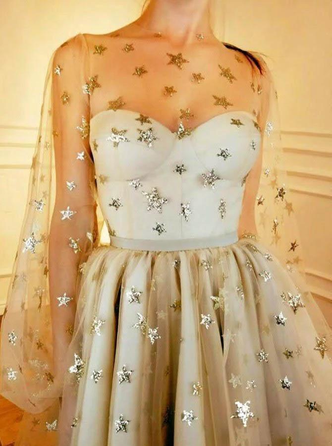 Sparkly A Line Round Neck Long Sleeves Homecoming Dress With Sequin PD257 - Image 2