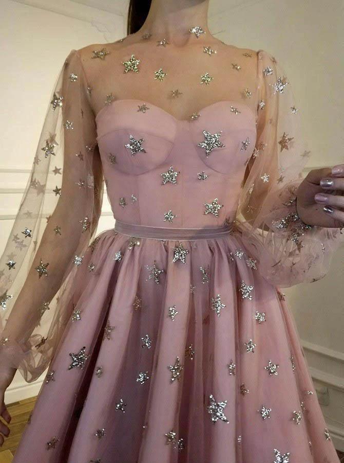 Sparkly A Line Round Neck Long Sleeves Homecoming Dress With Sequin PD257 - Image 3