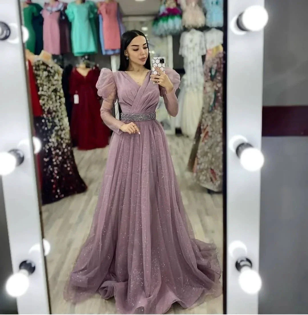 Sparkly A-line Tulle Evening Dress Modest Evening Gown Y4993 - Image 2