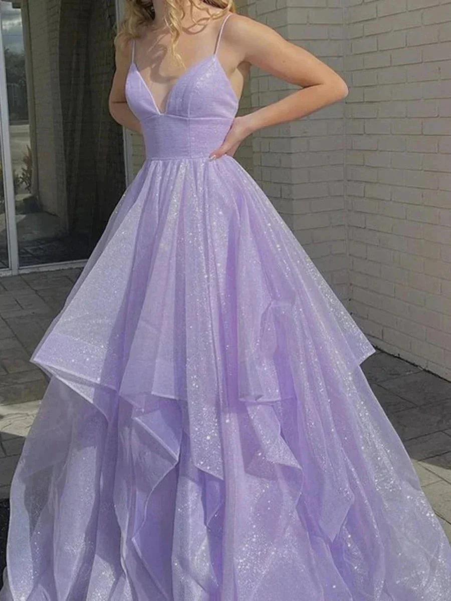 Sparkly A-line V Neck Long Prom Dresses Fluffy Purple Formal Evening Dresses - Image 2