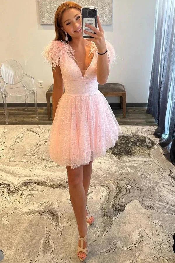 Sparkly A-Line V Neck Pink Homecoming Dress with Feathers PD520 - Image 2