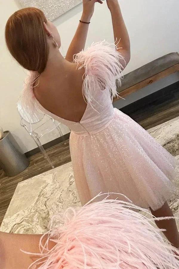 Sparkly A-Line V Neck Pink Homecoming Dress with Feathers PD520 - Image 4