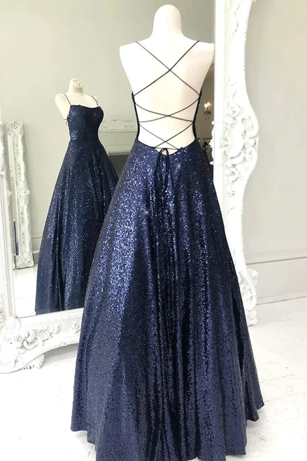 Sparkly Backless Navy Blue Long Prom Dresses Open Back Long Navy Blue Formal Evening Dresses Y875 - Image 2