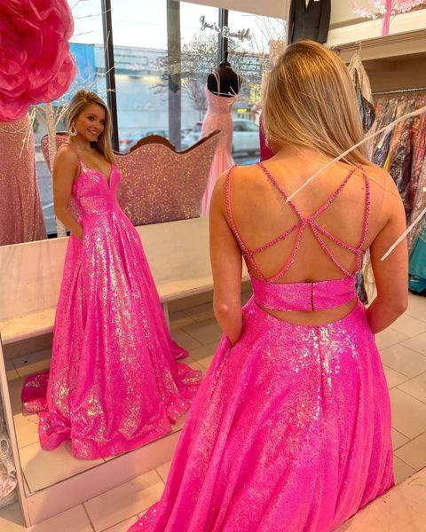 Sparkly Ball Gown V Neck Hot Pink Sequins Long Prom Dress with Beading Y1483 - Image 2