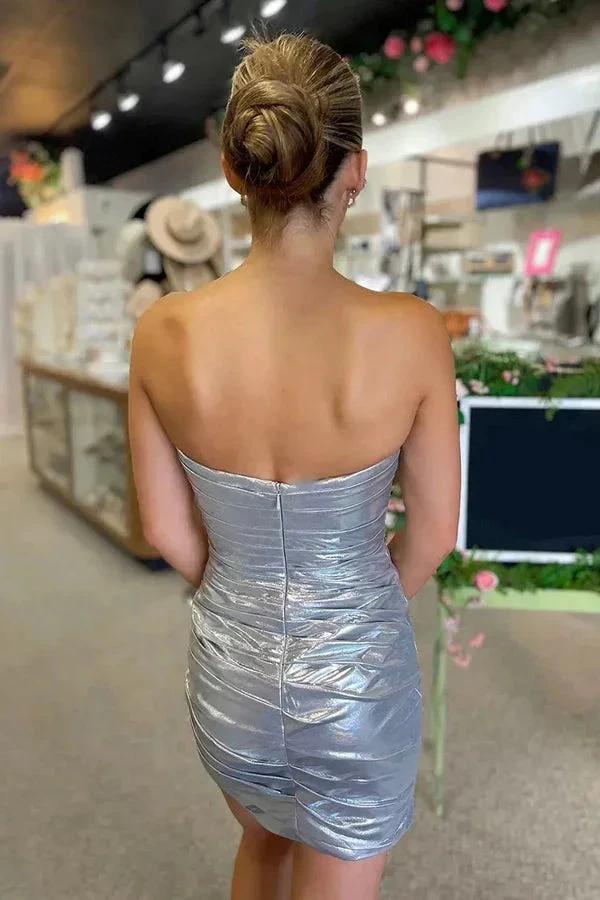 Sparkly Beaded Strapless Tight Satin Silver Homecoming Dress PD536 - Image 2