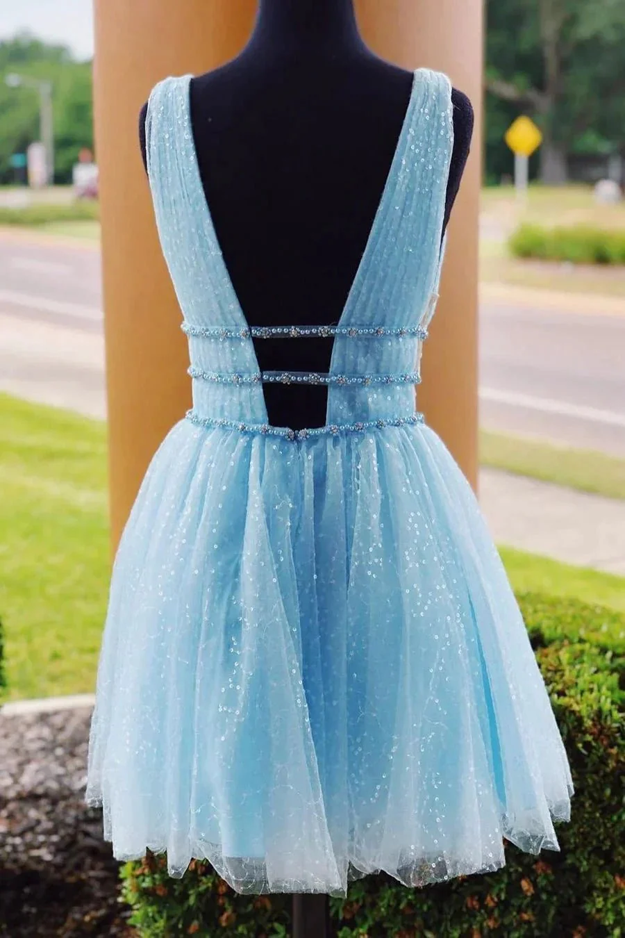 Sparkly Beading Sky Blue Short Prom Dresses Sequins Homecoming Dresses - Image 2