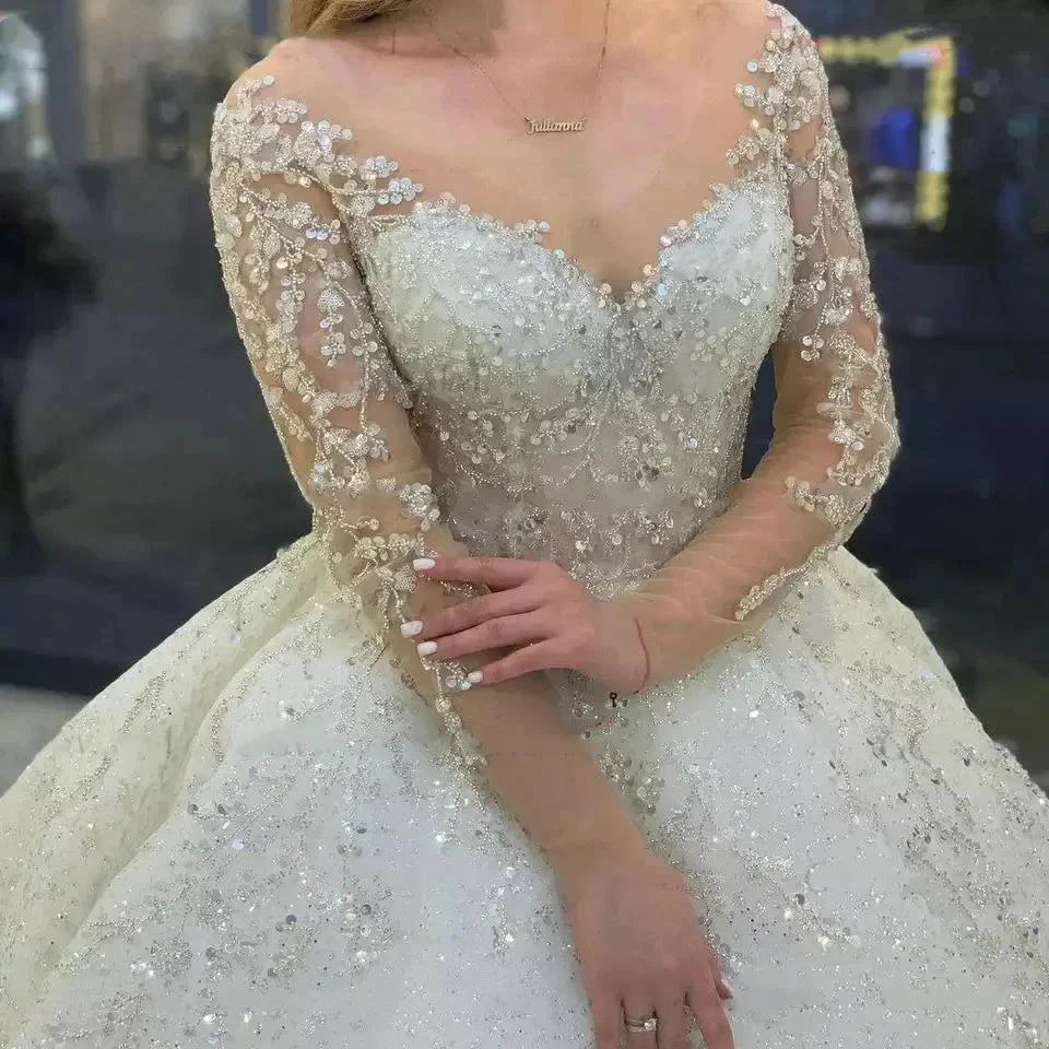 Sparkly Beading Wedding Dress Long Sleeves 2023 Vestido De Noiva Lace Up Pageant Beading Bridal Gowns Custom Made Hochzeitskleid - Image 3