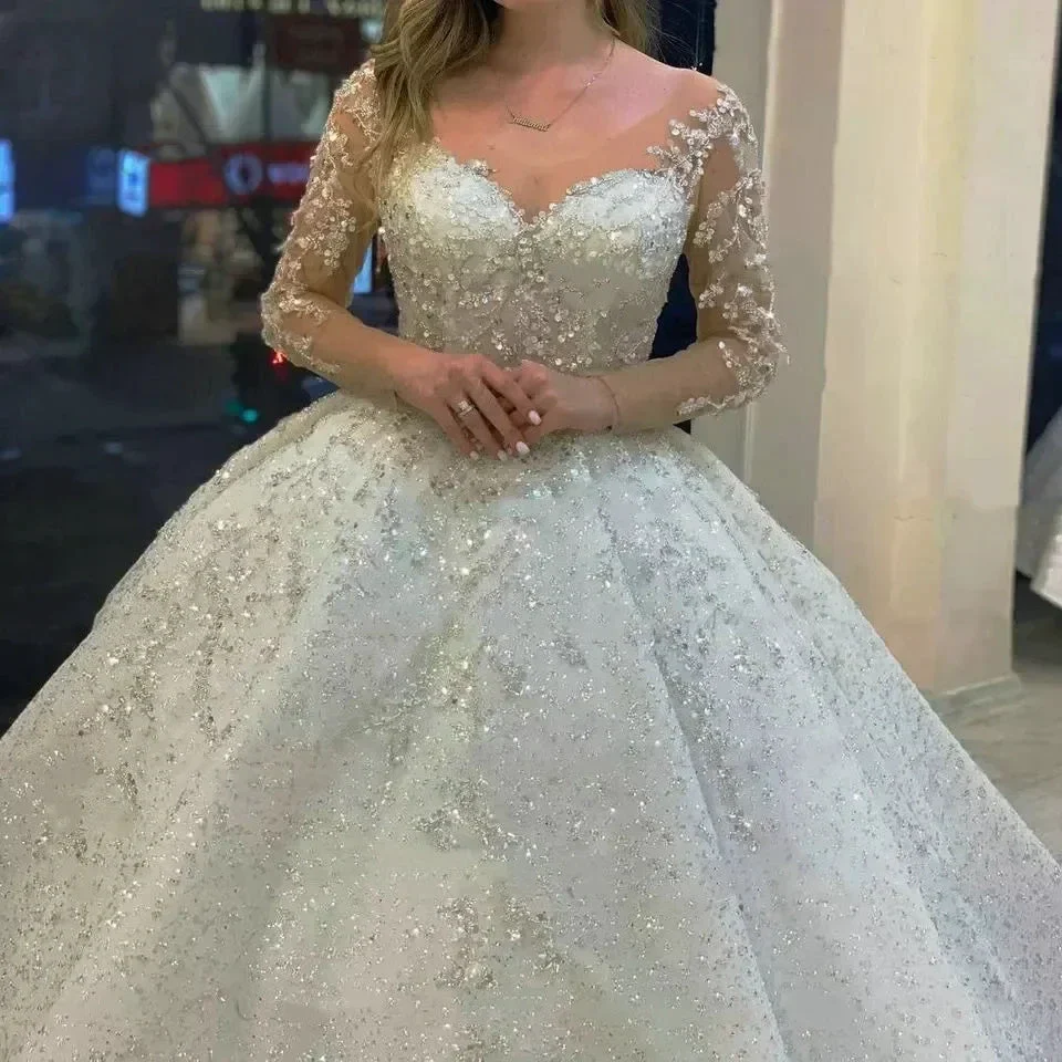 Sparkly Beading Wedding Dress Long Sleeves 2023 Vestido De Noiva Lace Up Pageant Beading Bridal Gowns Custom Made Hochzeitskleid - Image 4