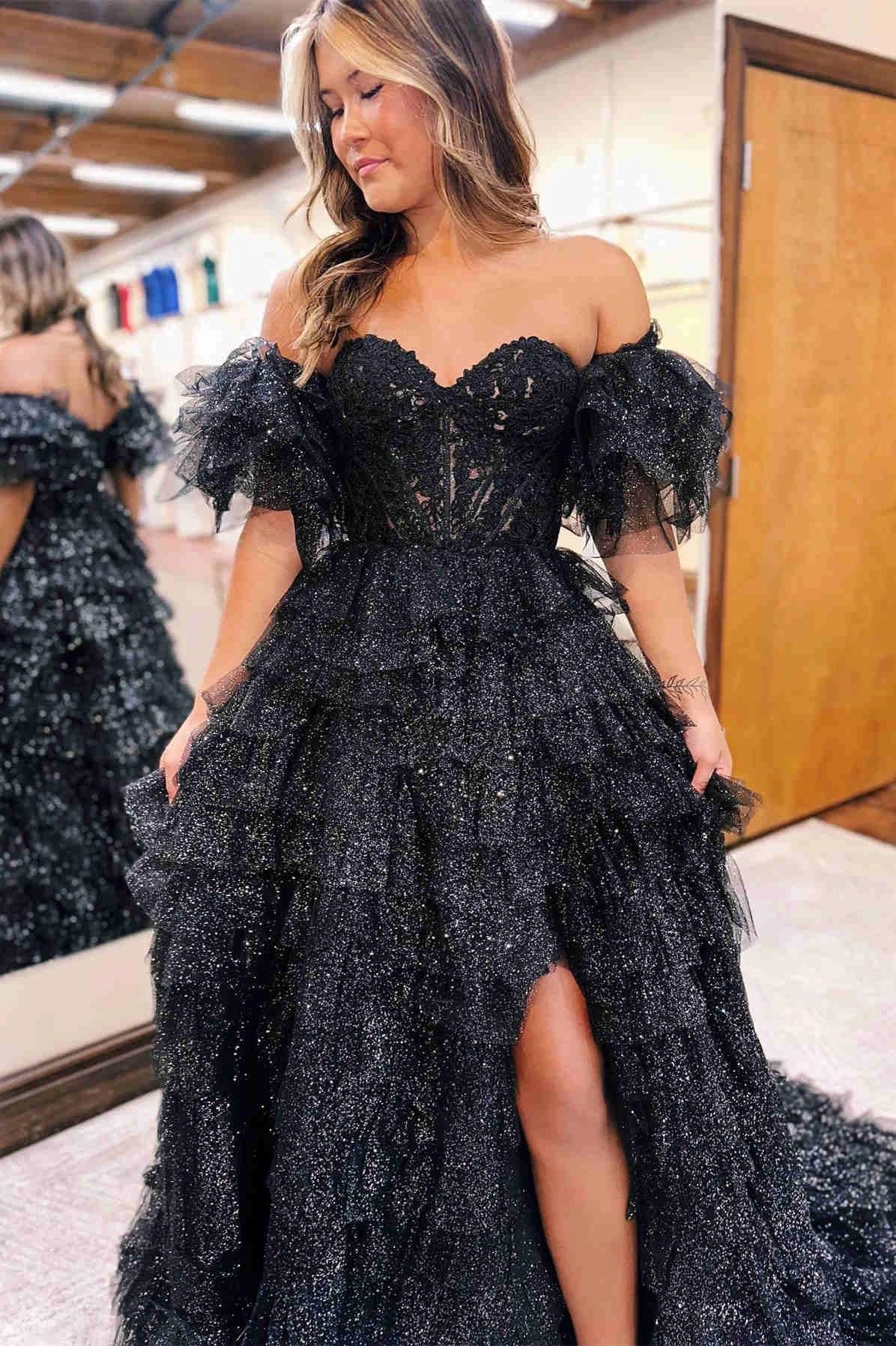 Ariya |A line Off-the-Shoulder Glitter Tulle Prom Dress with Slit - Image 4