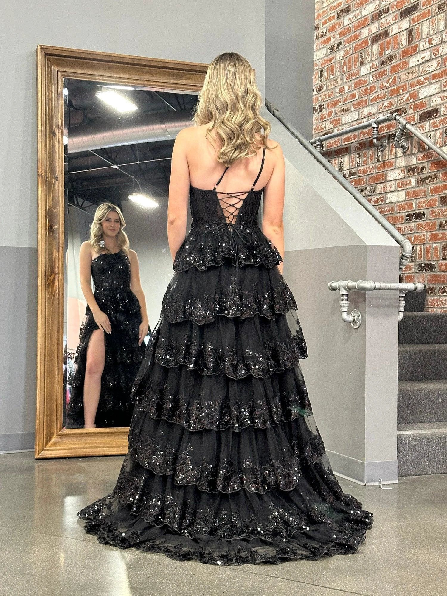 Livia |Sheath One Shoulder Tiered Lace Long Prom Dress - Image 3