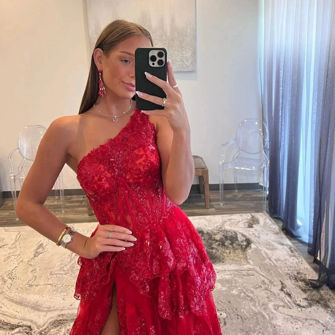 Livia |Sheath One Shoulder Tiered Lace Long Prom Dress - Image 6