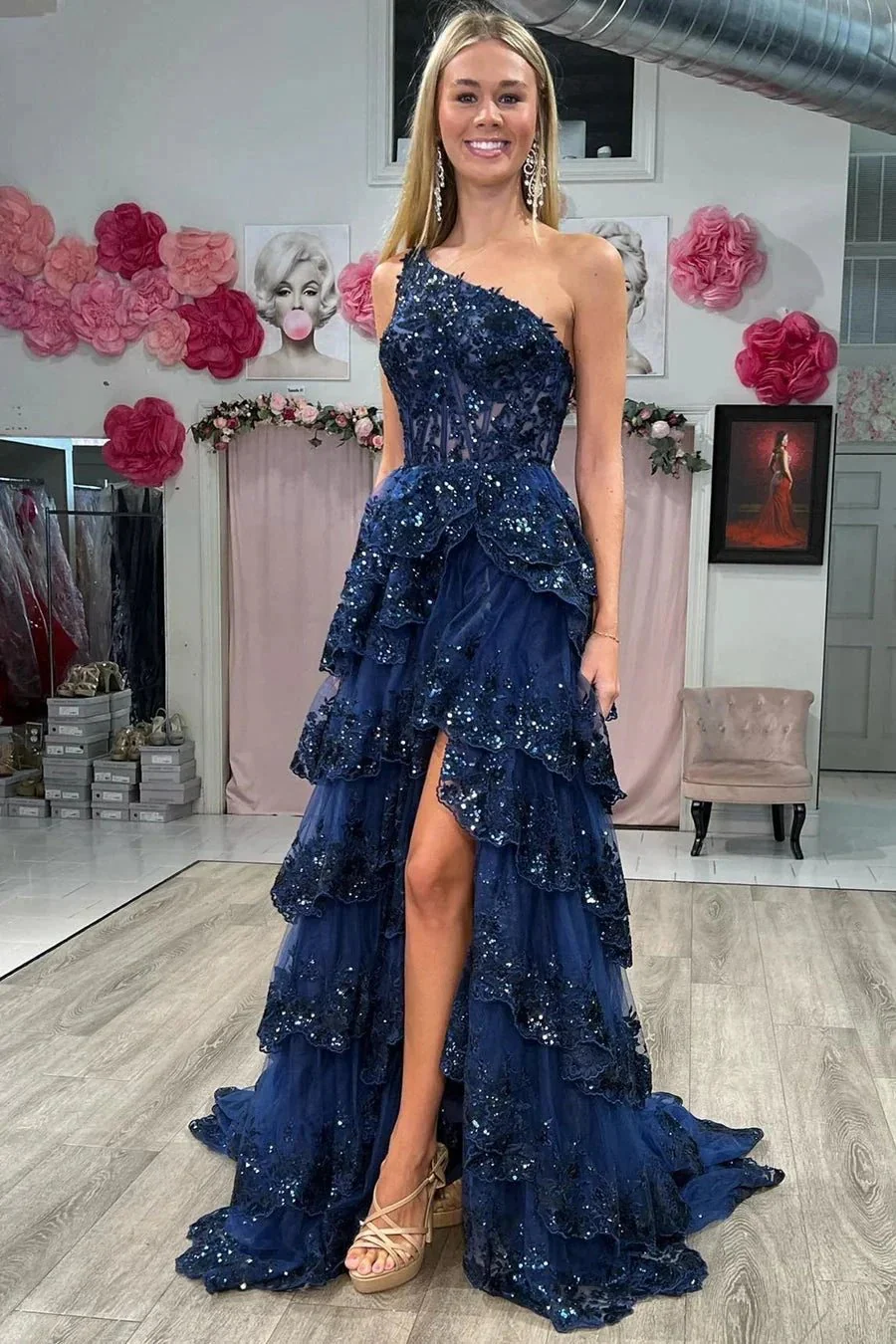 Livia |Sheath One Shoulder Tiered Lace Long Prom Dress - Image 7