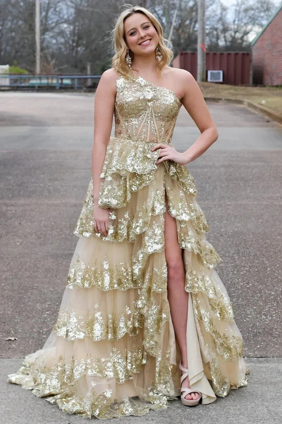 Livia |Sheath One Shoulder Tiered Lace Long Prom Dress - Image 9