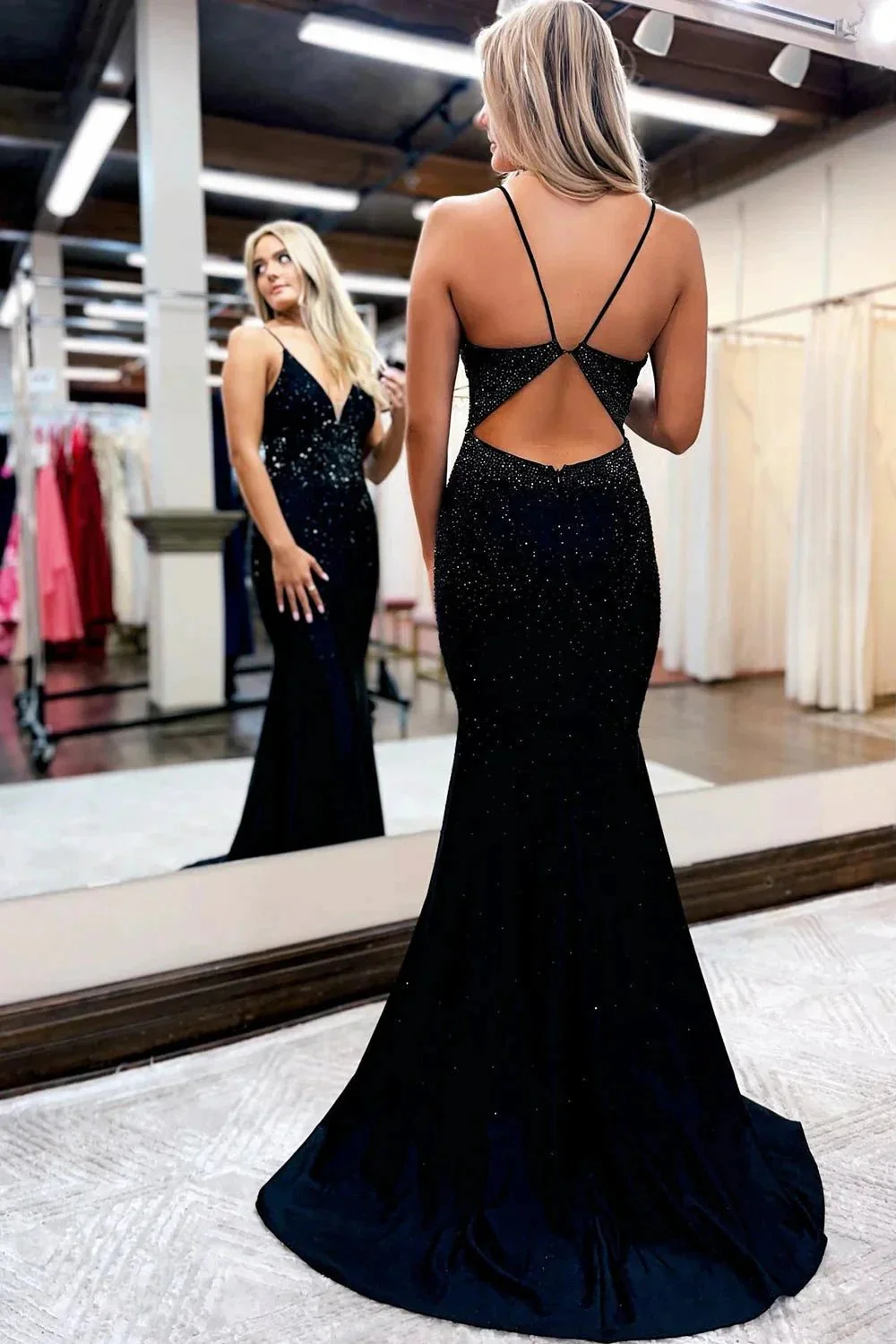 Deborah |Mermaid Spaghetti Straps Beaded Satin Prom Dress - Image 2