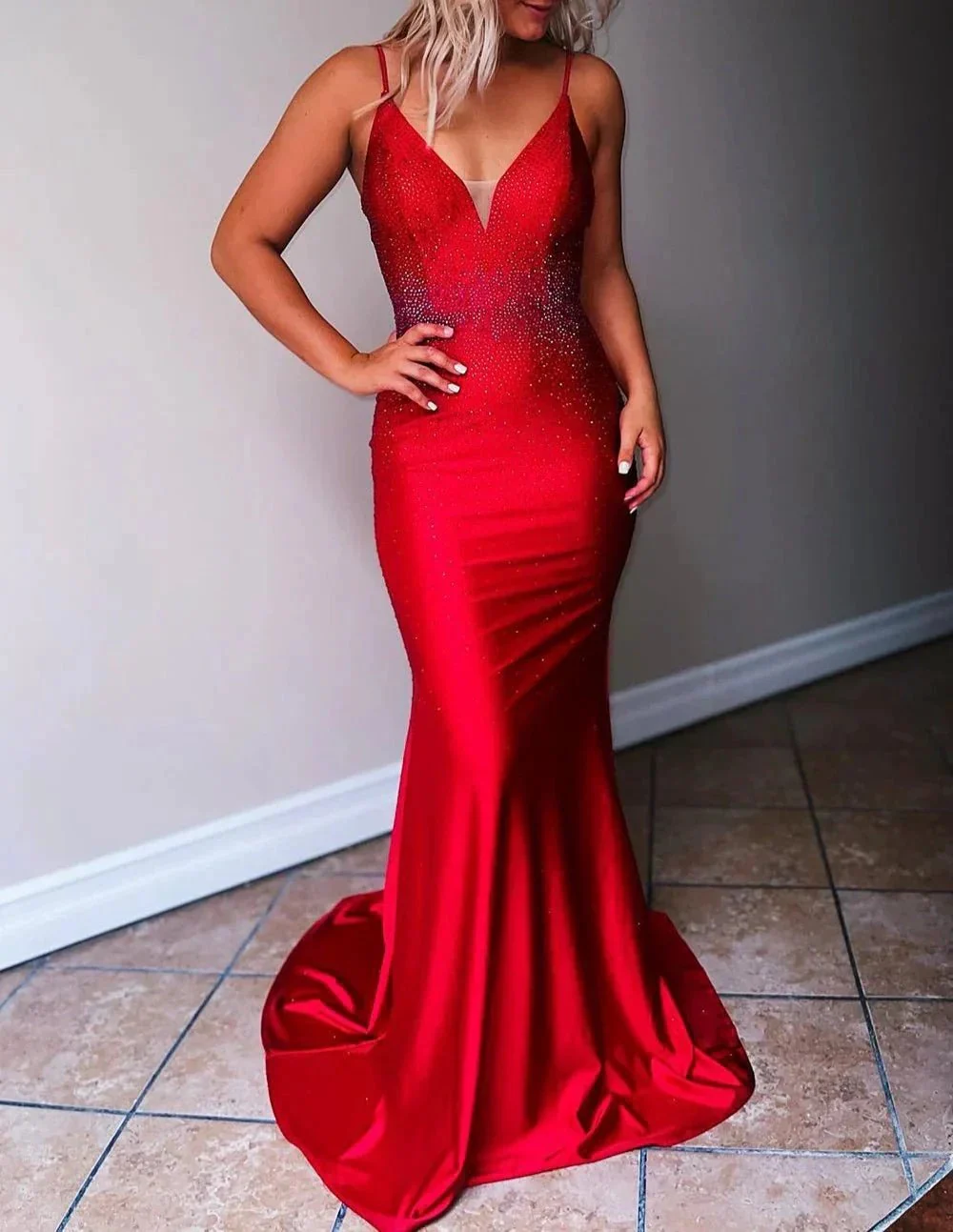 Deborah |Mermaid Spaghetti Straps Beaded Satin Prom Dress - Image 4