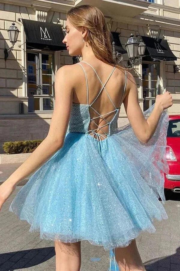 Sparkly Blue A-line Spaghetti Straps Homecoming Dress Short Prom Dresses - Image 2