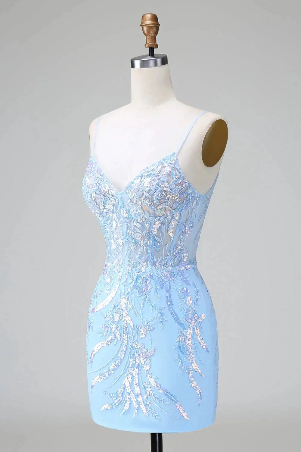 Sparkly Blue Spaghetti Straps Corset Short Homecoming Dress with Sequins - Image 3