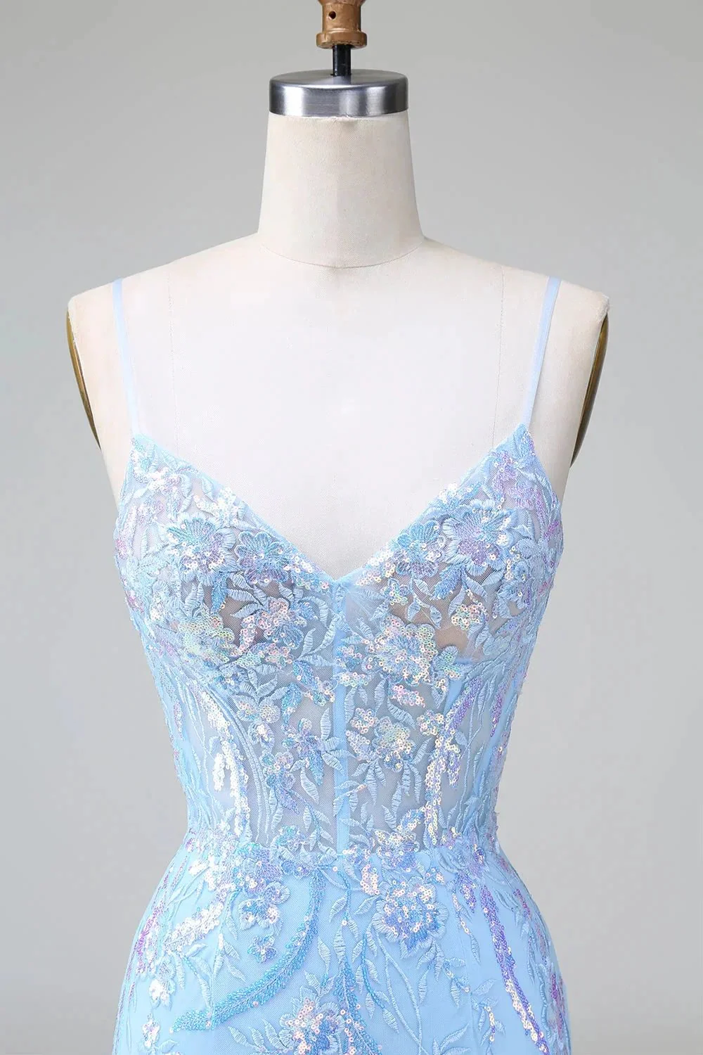 Sparkly Blue Spaghetti Straps Corset Short Homecoming Dress with Sequins - Image 4