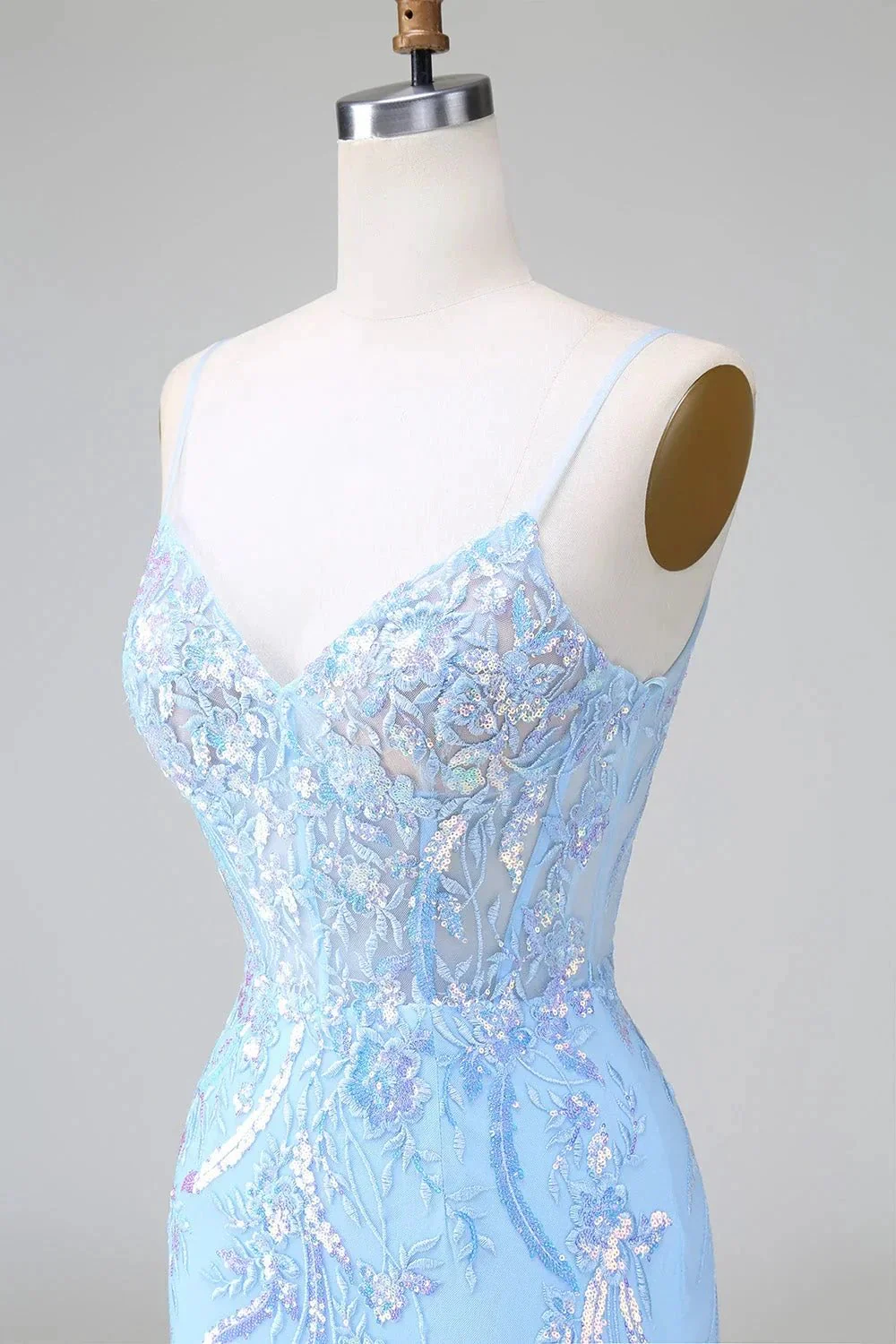 Sparkly Blue Spaghetti Straps Corset Short Homecoming Dress with Sequins - Image 6