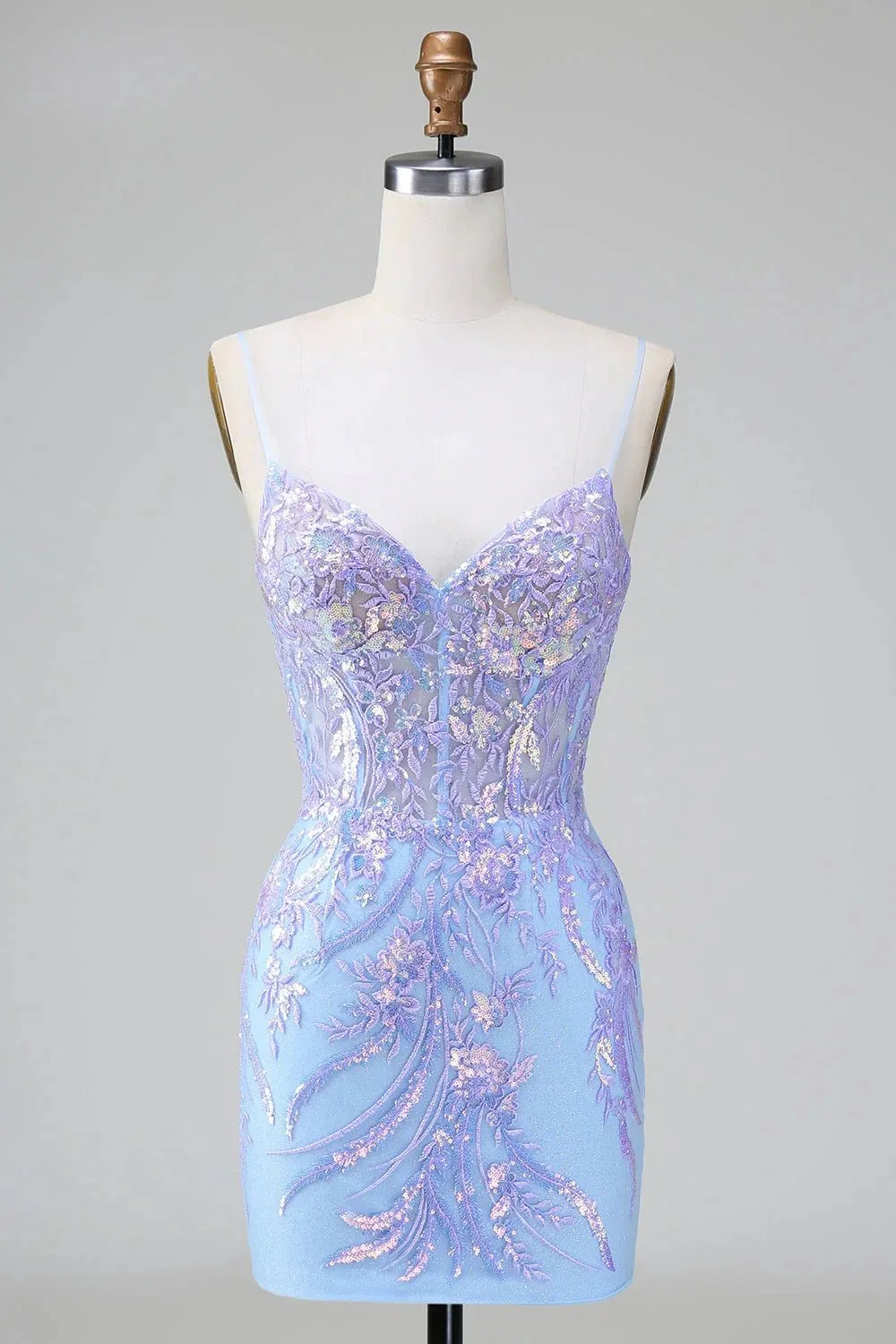 Sparkly Blue Spaghetti Straps Corset Short Homecoming Dress with Sequins - Image 7
