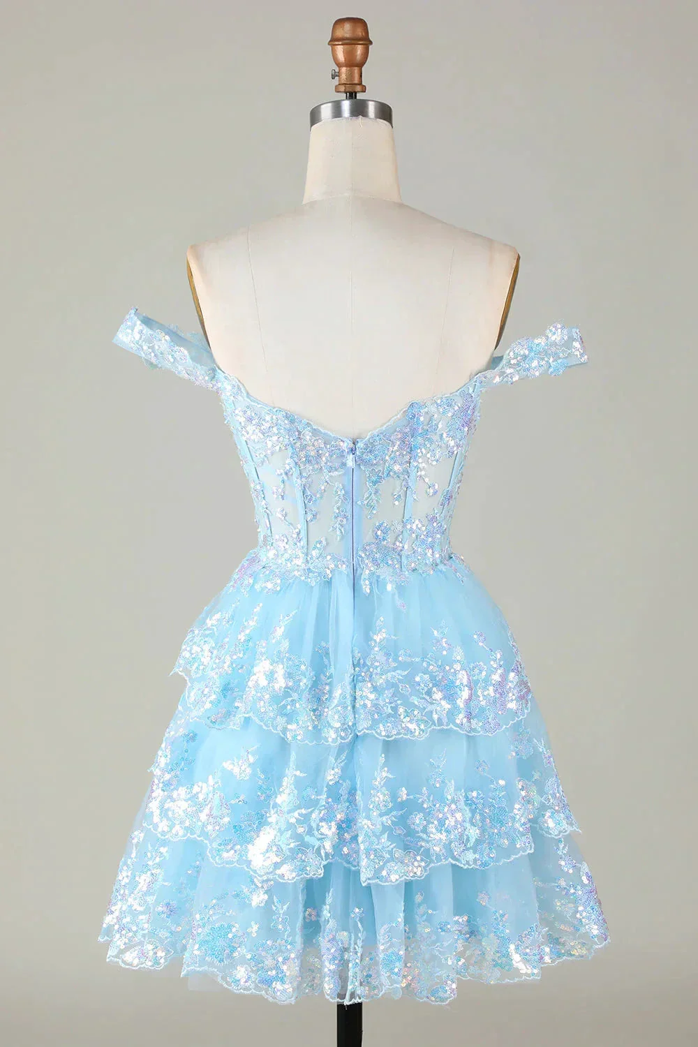 Sparkly Blue Corset Tiered Lace A-Line Short Homecoming Dress Y4083 - Image 2