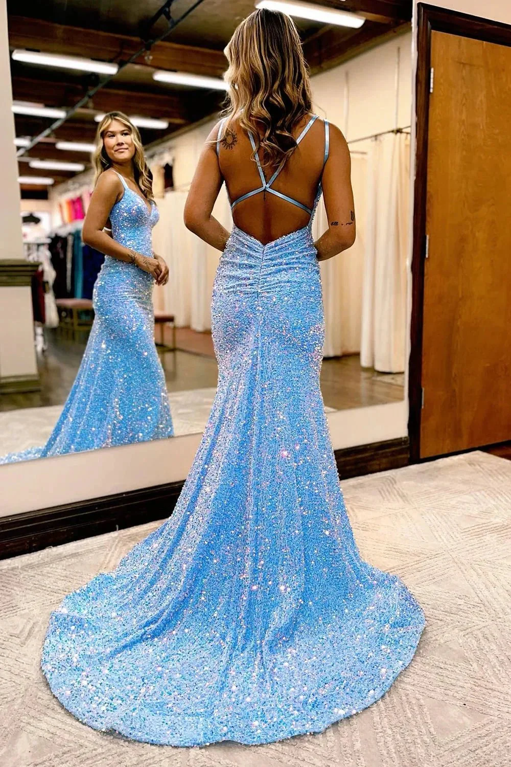 Maddison |Sparkly Blue Mermaid Sequins Long Backless Prom Dress - Image 2