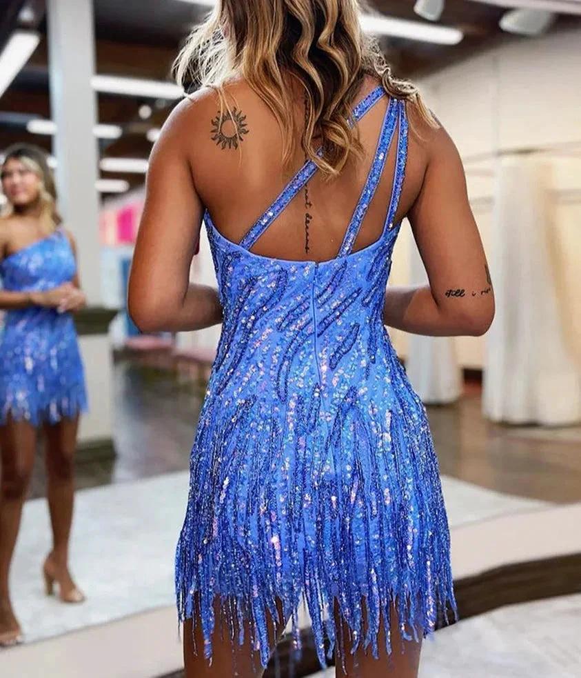 Sparkly Blue One Shoulder Sequins Tight Short Hocoming Dress with Fringes - Image 2