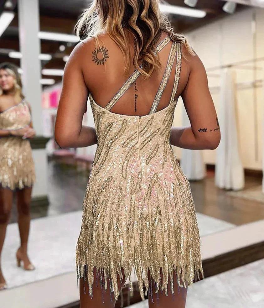 Sparkly Blue One Shoulder Sequins Tight Short Hocoming Dress with Fringes - Image 4