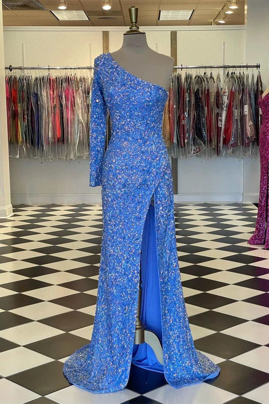 Sparkly Blue Sequind Long Sleeve Prom Dress SYP101 - Image 6