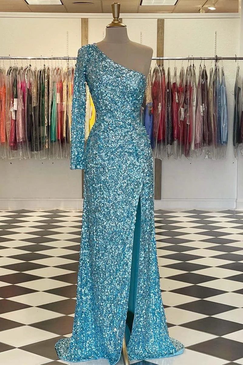 Sparkly Blue Sequind Long Sleeve Prom Dress SYP101 - Image 7