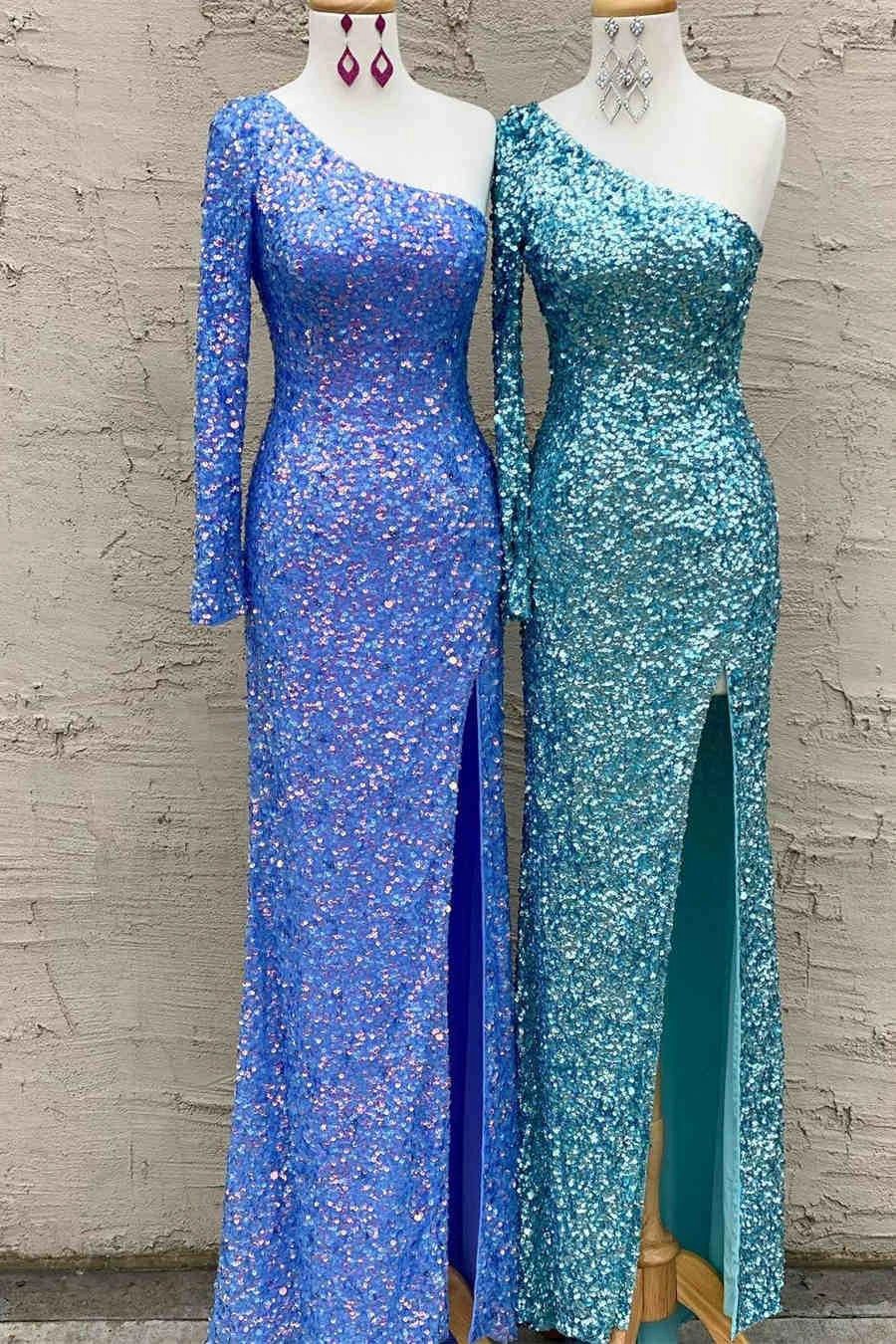 Sparkly Blue Sequind Long Sleeve Prom Dress SYP101 - Image 8