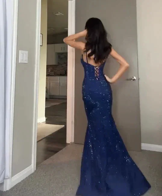 Sparkly Blue Sequins Mermaid Prom Dress Straps Slit Evening Dress Y7825 - Image 4