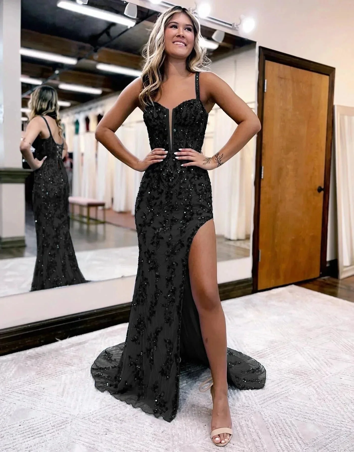 Sparkly Blue Sheath Sequins Long Prom Dress with Slit - Image 5