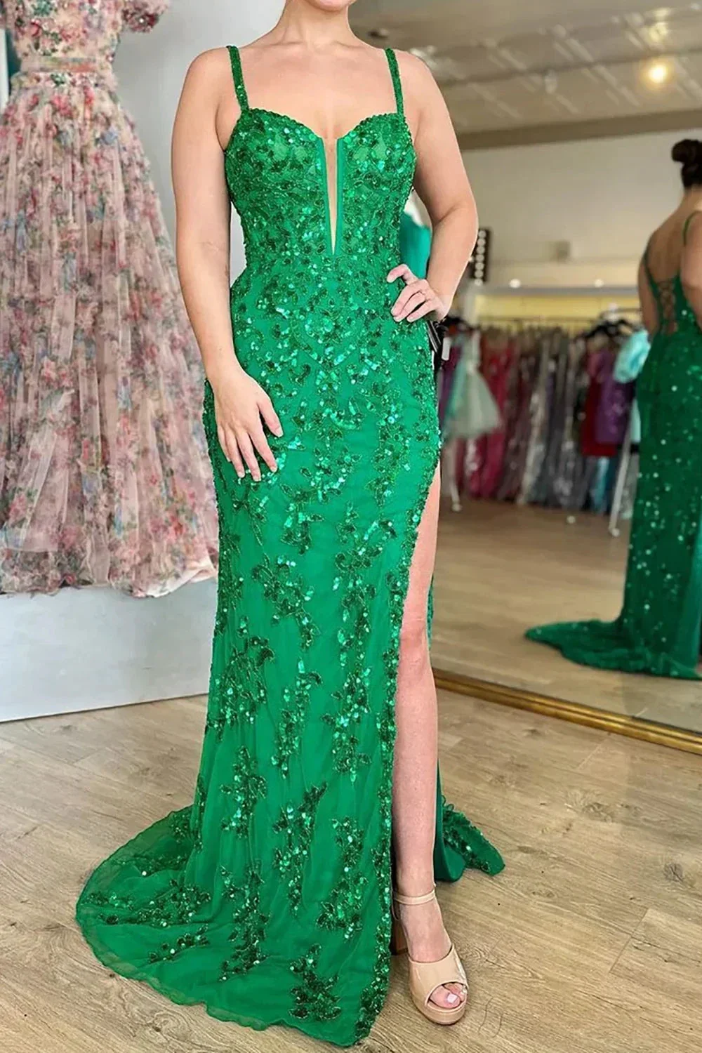 Sparkly Blue Sheath Sequins Long Prom Dress with Slit - Image 9