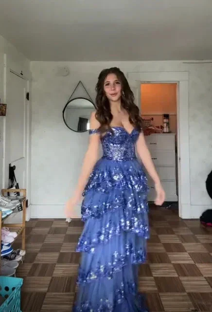 Sparkly Blue Tulle Sequins Layered Evening Dress Formal Slit Prom Dress Y7961 - Image 2